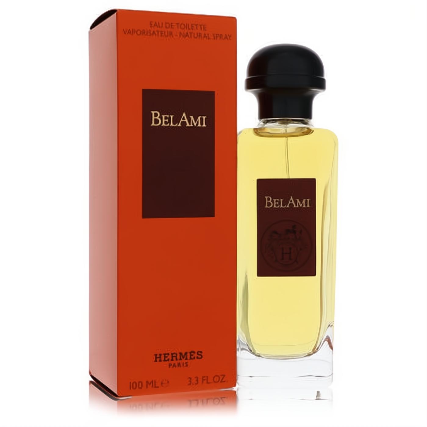 Luxurious Hermes Bel Ami men's Eau de Toilette, 3.3 fl.oz, in a clear bottle with black cap, next to its iconic orange-red box.