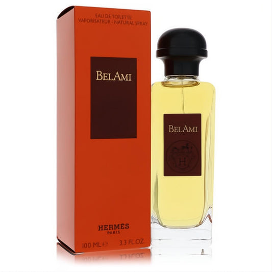 Luxurious Hermes Bel Ami men's Eau de Toilette, 3.3 fl.oz, in a clear bottle with black cap, next to its iconic orange-red box.