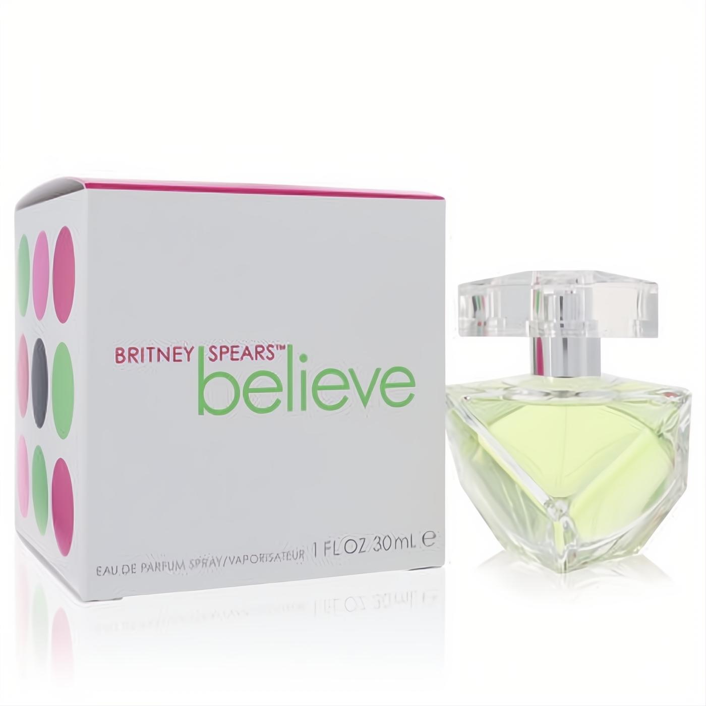 Britney Spears Believe 1 oz Eau De Parfum spray, featuring a radiant green fragrance in a faceted clear glass bottle, next to its vibrant box.