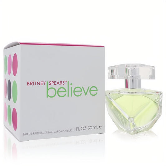 Britney Spears Believe 1 oz Eau De Parfum spray, featuring a radiant green fragrance in a faceted clear glass bottle, next to its vibrant box.