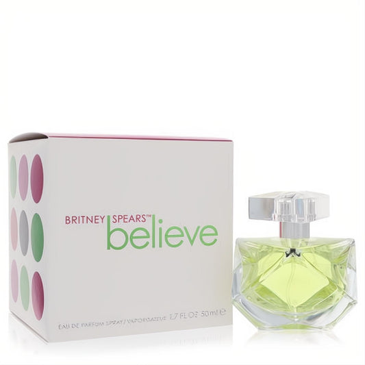 Distinctive faceted glass bottle of Britney Spears Believe 1.7 oz Eau De Parfum with vibrant green liquid, beside its white logo box.