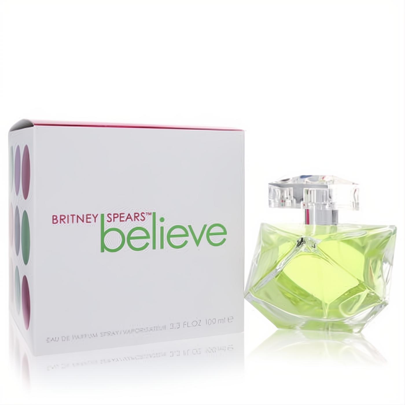 Captivating Britney Spears Believe 3.4 oz women's Eau De Parfum. Vibrant lime green liquid in a unique geometric glass bottle, beside its white logo box.