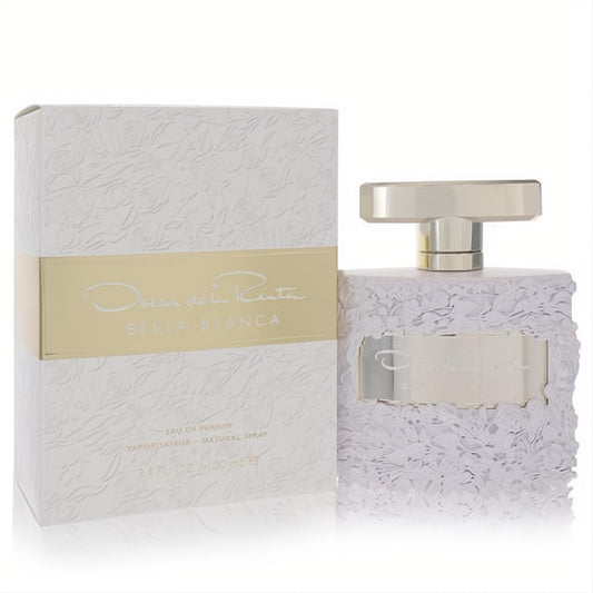 Luxurious Bella Blanca by Oscar de la Renta 3.4 oz women's Eau De Parfum spray, with a stunning white floral-textured bottle and box.