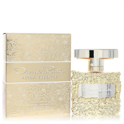 Exquisite Oscar De La Renta Bella Essence 1.7 oz EDP. Gold floral embossed flacon with a shiny cap, displayed with its matching box.