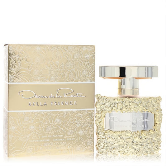 Exquisite Oscar De La Renta Bella Essence 1.7 oz EDP. Gold floral embossed flacon with a shiny cap, displayed with its matching box.