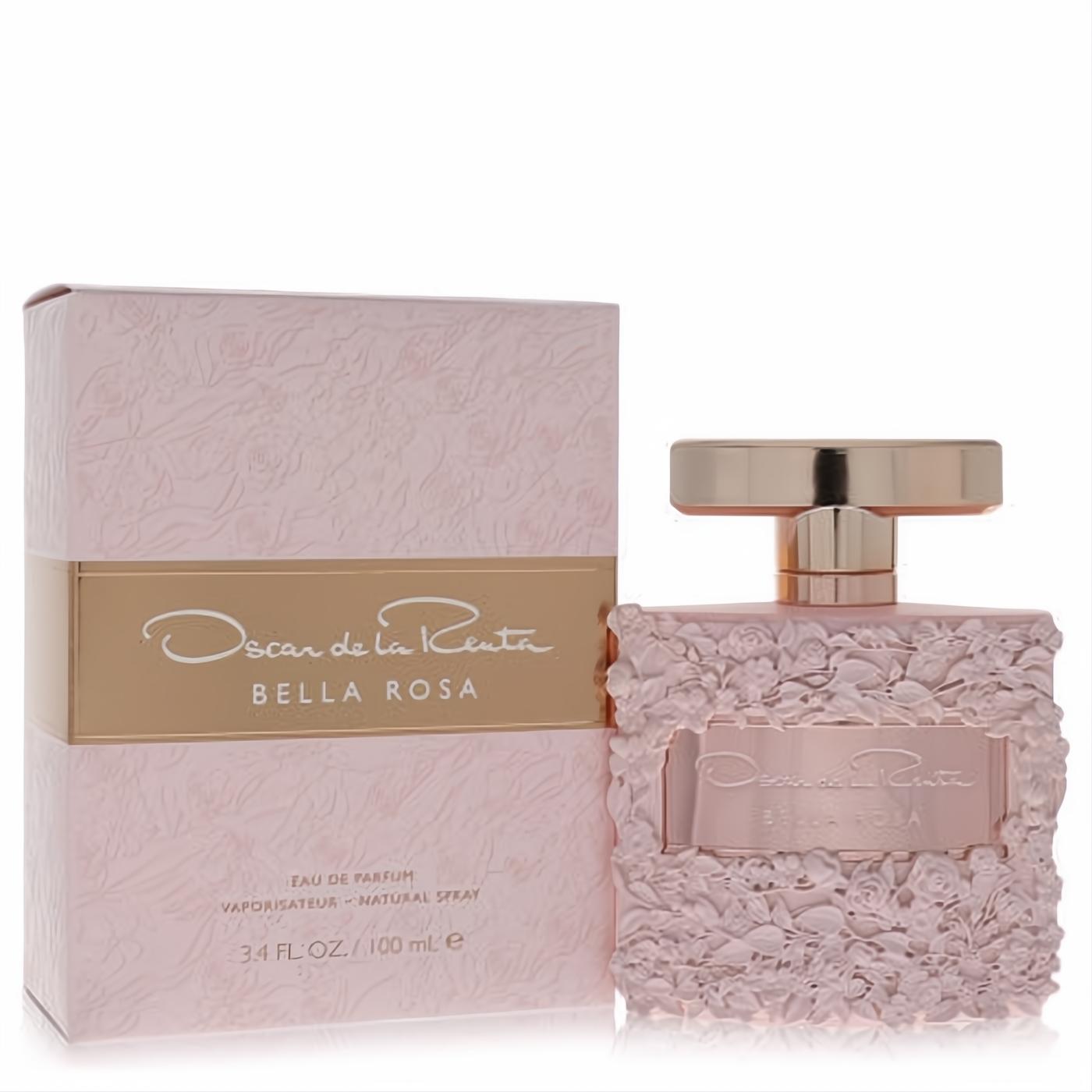 Luxurious Oscar de la Renta Bella Rosa 3.4 oz Eau de Parfum. Pink floral-embossed bottle with gold cap and matching elegant box.