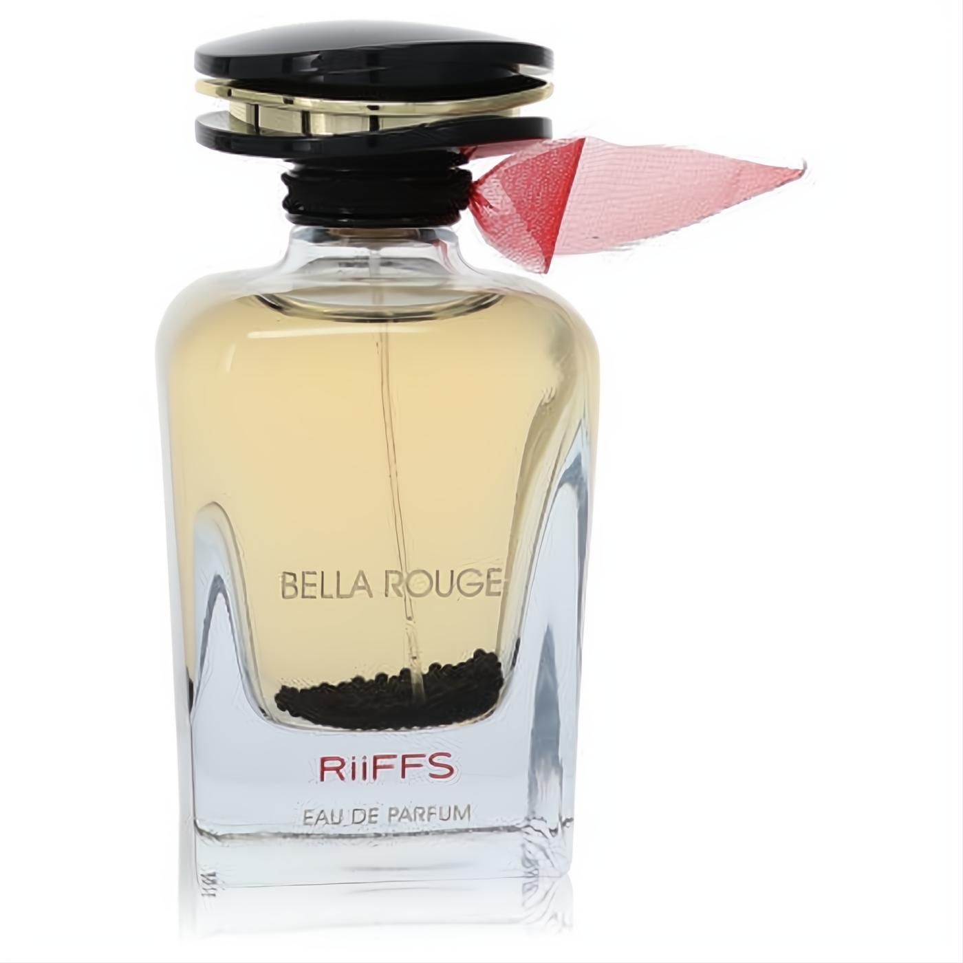 Luxurious Bella Rouge Riiffs Eau De Parfum in a clear glass bottle with amber liquid, black cap, gold band, and red ribbon.