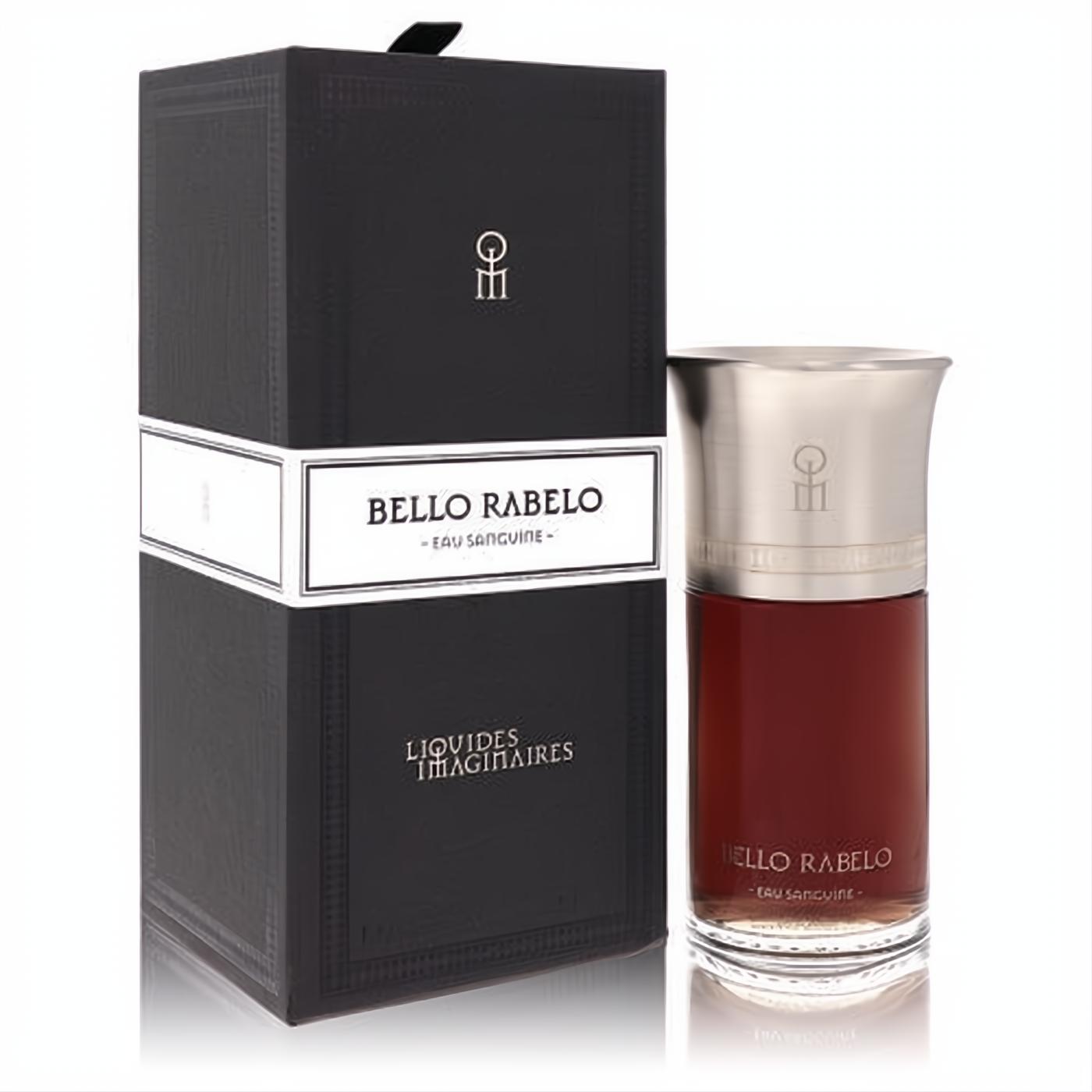 Elegant Bello Rabelo by Liquides Imaginaires Eau de Parfum. Dark red fragrance in a sleek glass bottle with a silver cap, beside its textured black box.