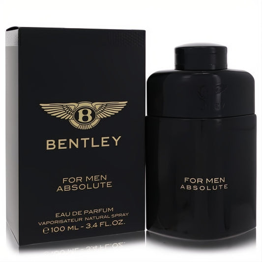 Experience luxury with Bentley Absolute 3.4 oz men's Eau de Parfum. Sleek black bottle, gold logo, elegant box.