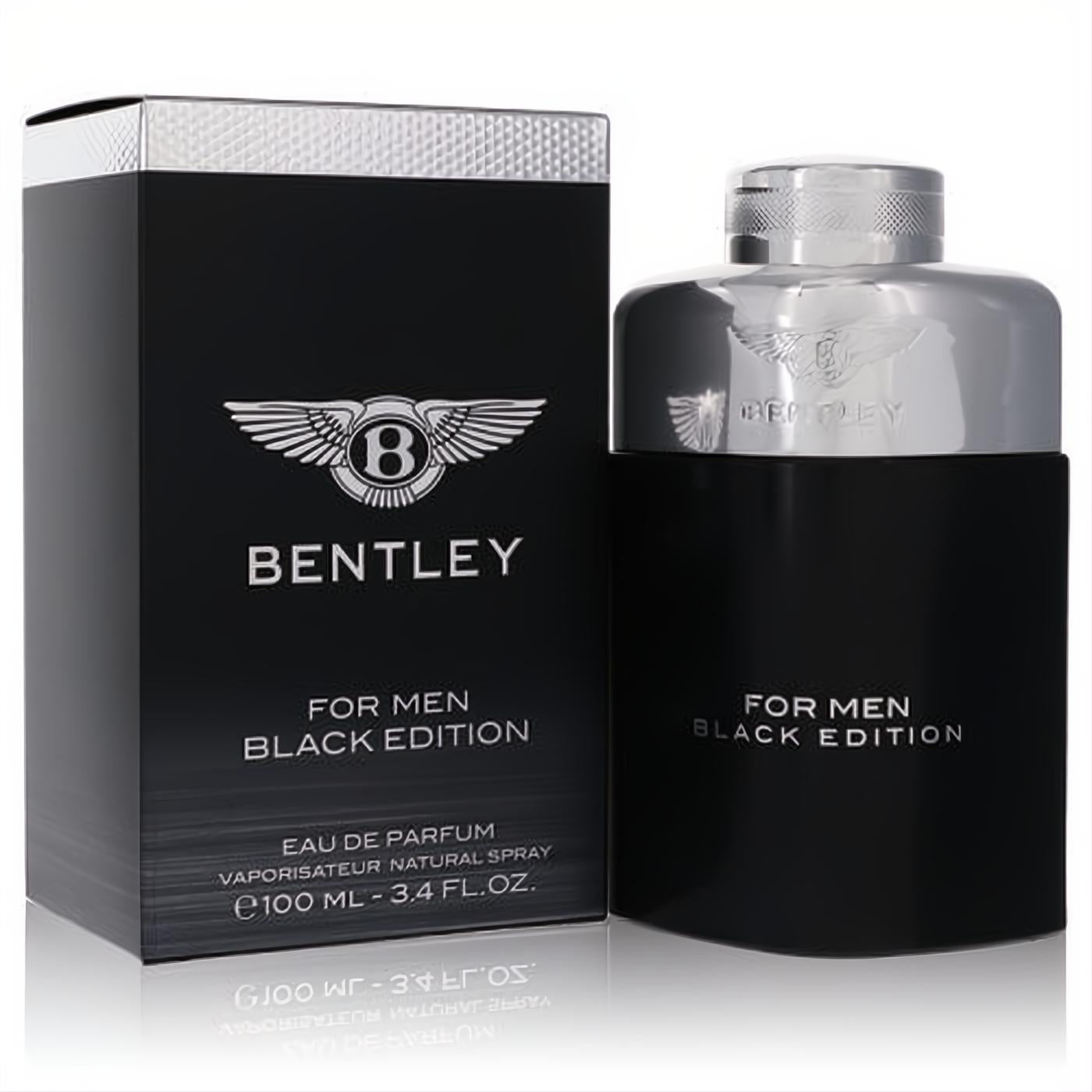 Luxurious Bentley Black Edition men's Eau De Parfum, 3.4 oz. Sleek matte black bottle with silver cap and elegant matching box.