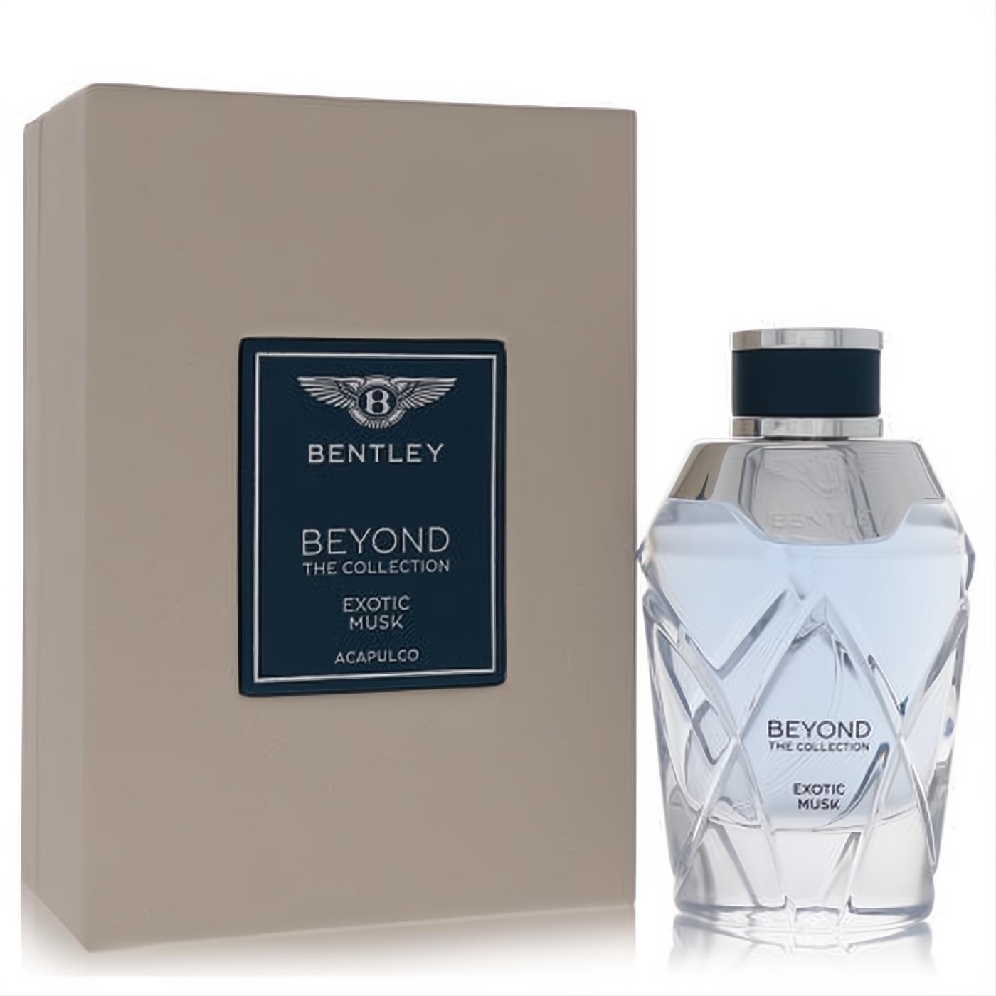 Bentley Exotic Musk unisex EDP. Elegant faceted glass bottle with light blue liquid, silver cap, and sleek beige box.