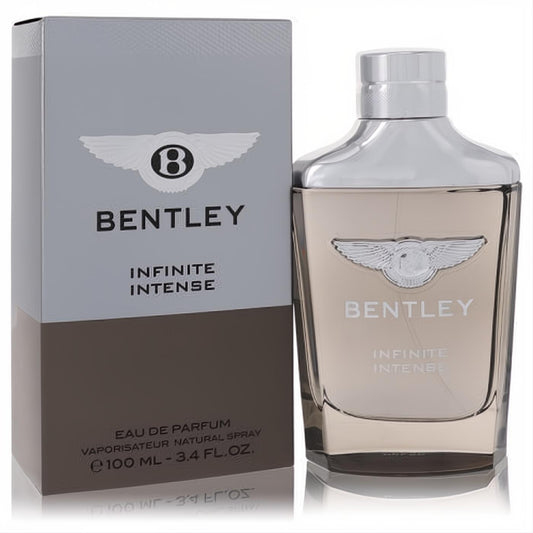 Bentley Infinite Intense 3.4 oz EDP for men. Luxurious amber bottle, silver cap, iconic Bentley winged emblem.