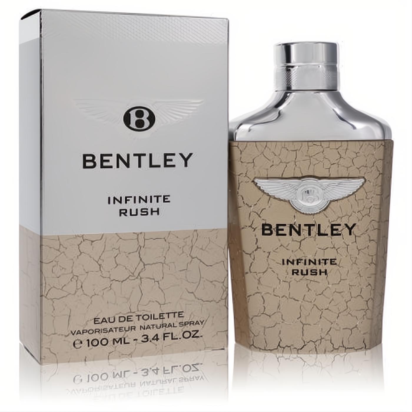 Elegant Bentley Infinite Rush 3.4 oz men's Eau De Toilette spray. Silver cap, textured beige bottle, and matching box with a unique cracked design.