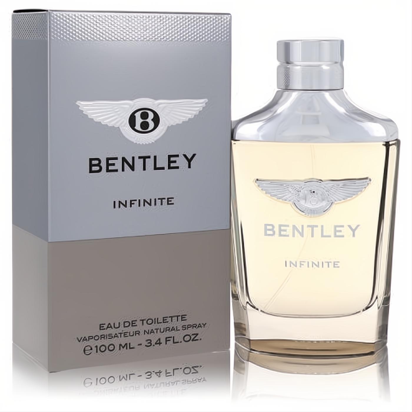 Bentley Infinite 3.4 oz men's EDT: clear glass bottle, silver cap, iconic winged logo, beside its sleek grey box.