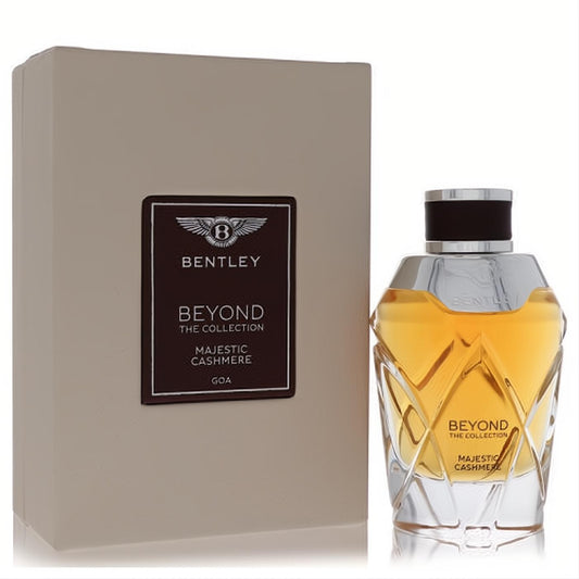 Bentley Majestic Cashmere perfume: luxurious amber liquid in a faceted glass bottle with silver cap, beside its elegant beige box.
