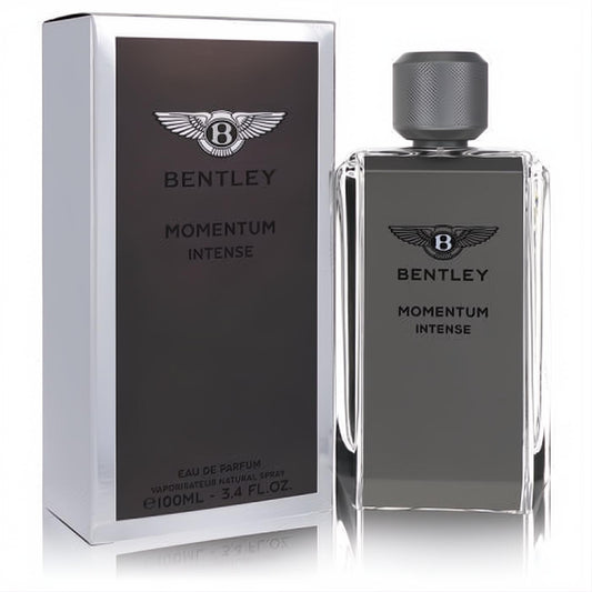 Bentley Momentum Intense 3.4 oz Eau De Parfum spray for men. Sleek dark grey bottle and box with silver Bentley logo.
