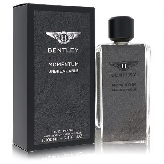 Bentley Momentum Unbreakable 3.4 oz EDP. Sophisticated clear glass bottle with black textured label and matching box.