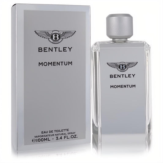 Sophisticated Bentley Momentum 3.4 oz men's cologne. Clear glass bottle with silver label, textured cap, and matching silver box.