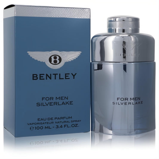 Bentley Silverlake For Men 3.4 oz Eau De Parfum. Luxurious blue-grey box and sleek metallic silver bottle for a modern, masculine scent.