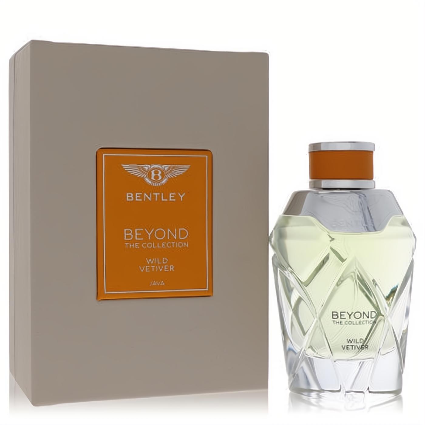 Bentley Wild Vetiver 3.4 oz unisex EDP. Luxurious taupe box and a striking faceted glass bottle with silver and orange cap.