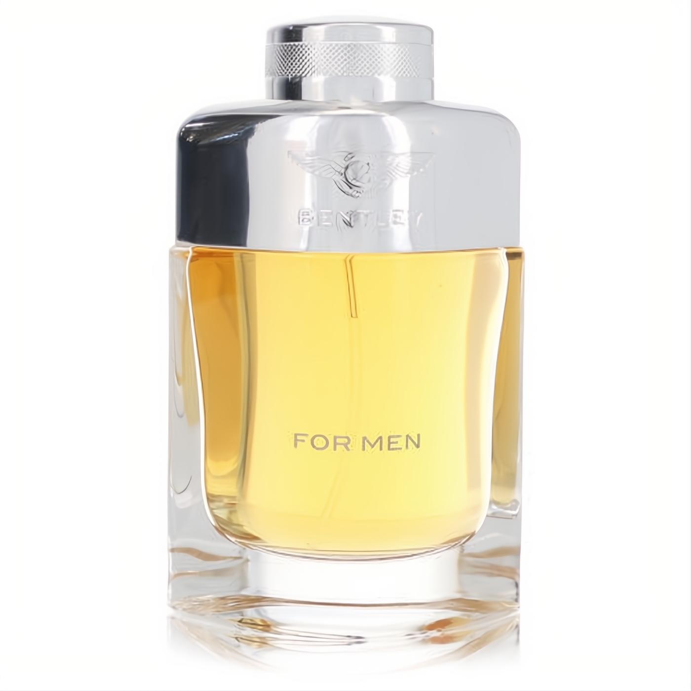 Elegant Bentley for Men cologne in a clear glass bottle with golden amber fragrance, sleek silver cap, and iconic winged logo.