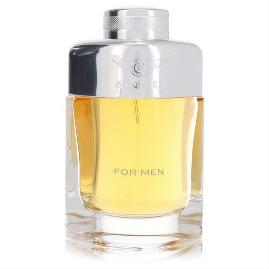 Elegant Bentley for Men cologne in a clear glass bottle with golden amber fragrance, sleek silver cap, and iconic winged logo.