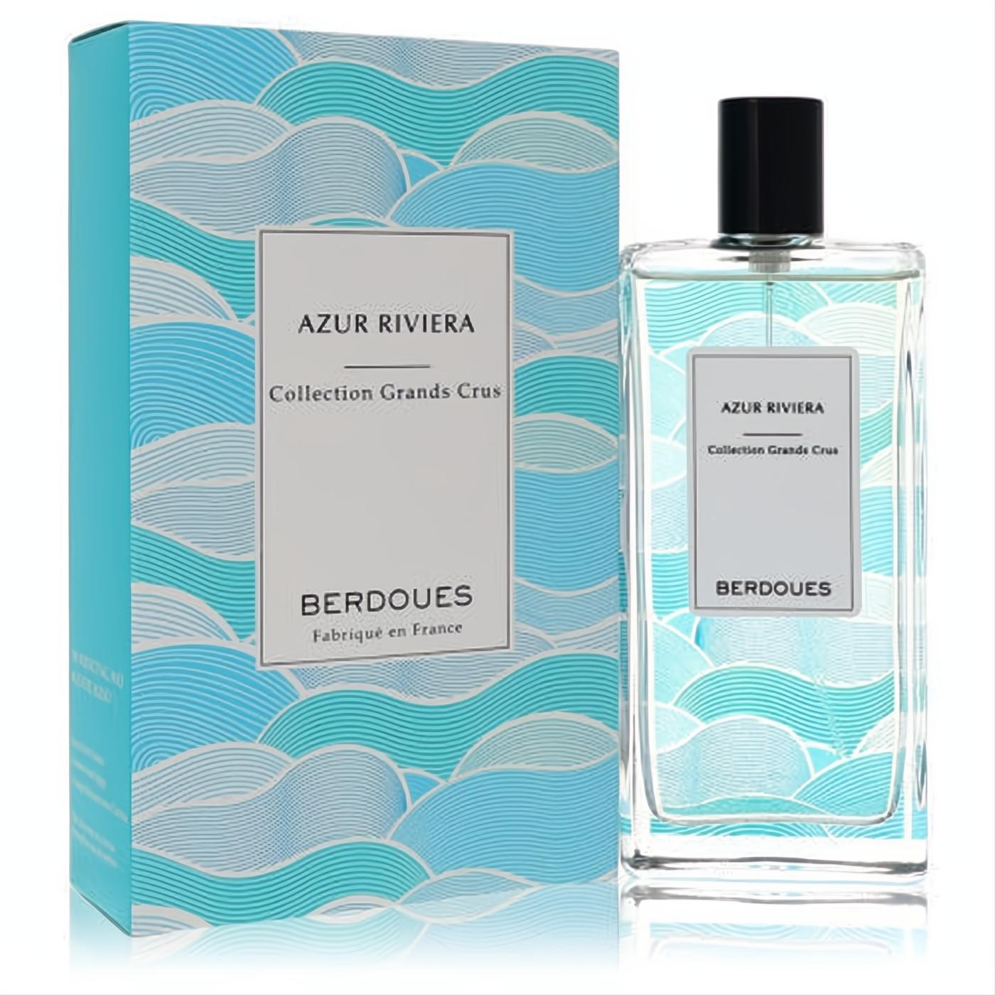 Berdoues Azur Riviera unisex Eau De Parfum spray. Clear glass bottle and box with a captivating blue wave design.