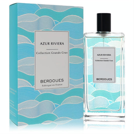 Berdoues Azur Riviera unisex Eau De Parfum spray. Clear glass bottle and box with a captivating blue wave design.