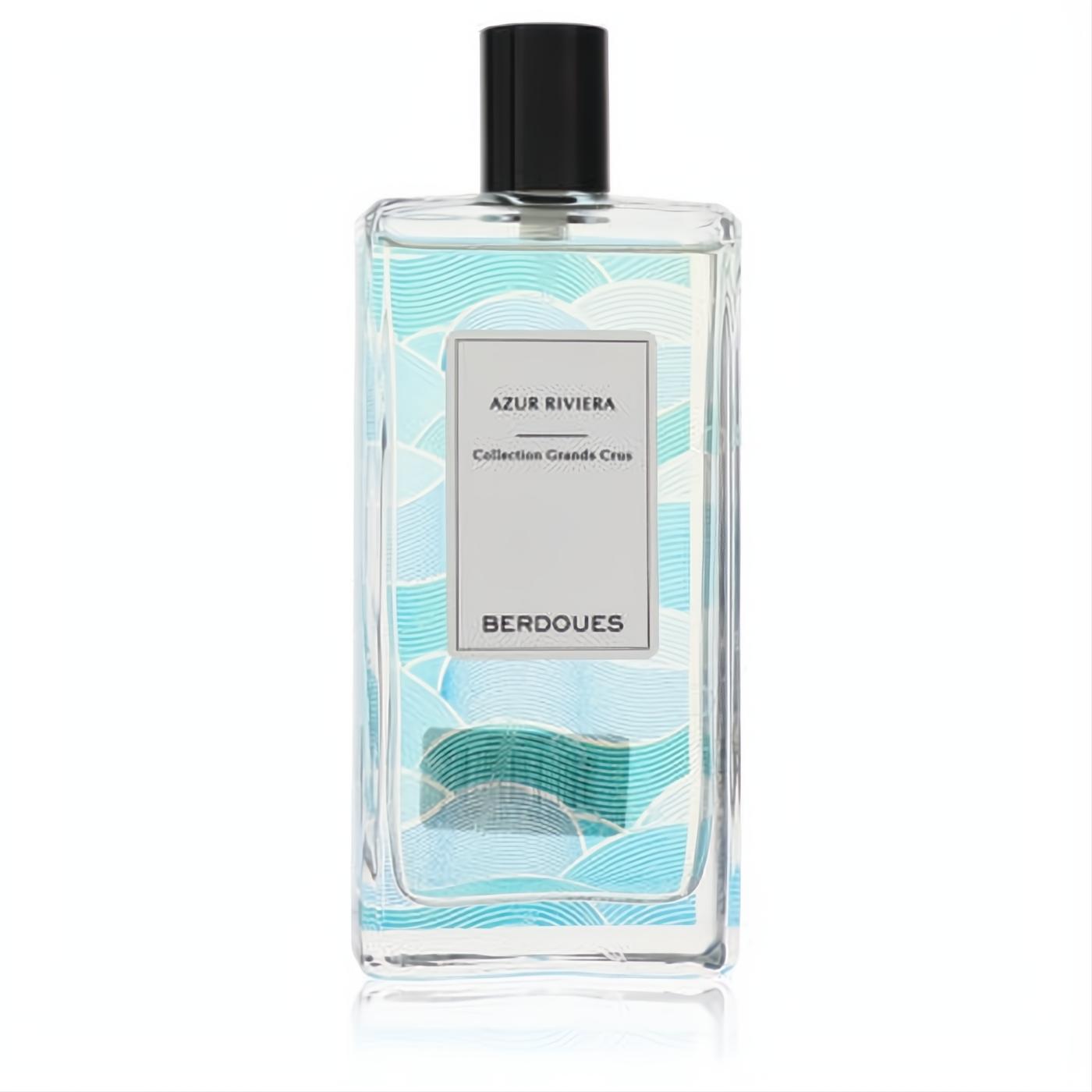 Elegant Berdoues Azur Riviera unisex EDP spray, 3.38 oz. Clear glass bottle with captivating blue wave design, sleek black cap.