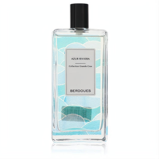 Elegant Berdoues Azur Riviera unisex EDP spray, 3.38 oz. Clear glass bottle with captivating blue wave design, sleek black cap.