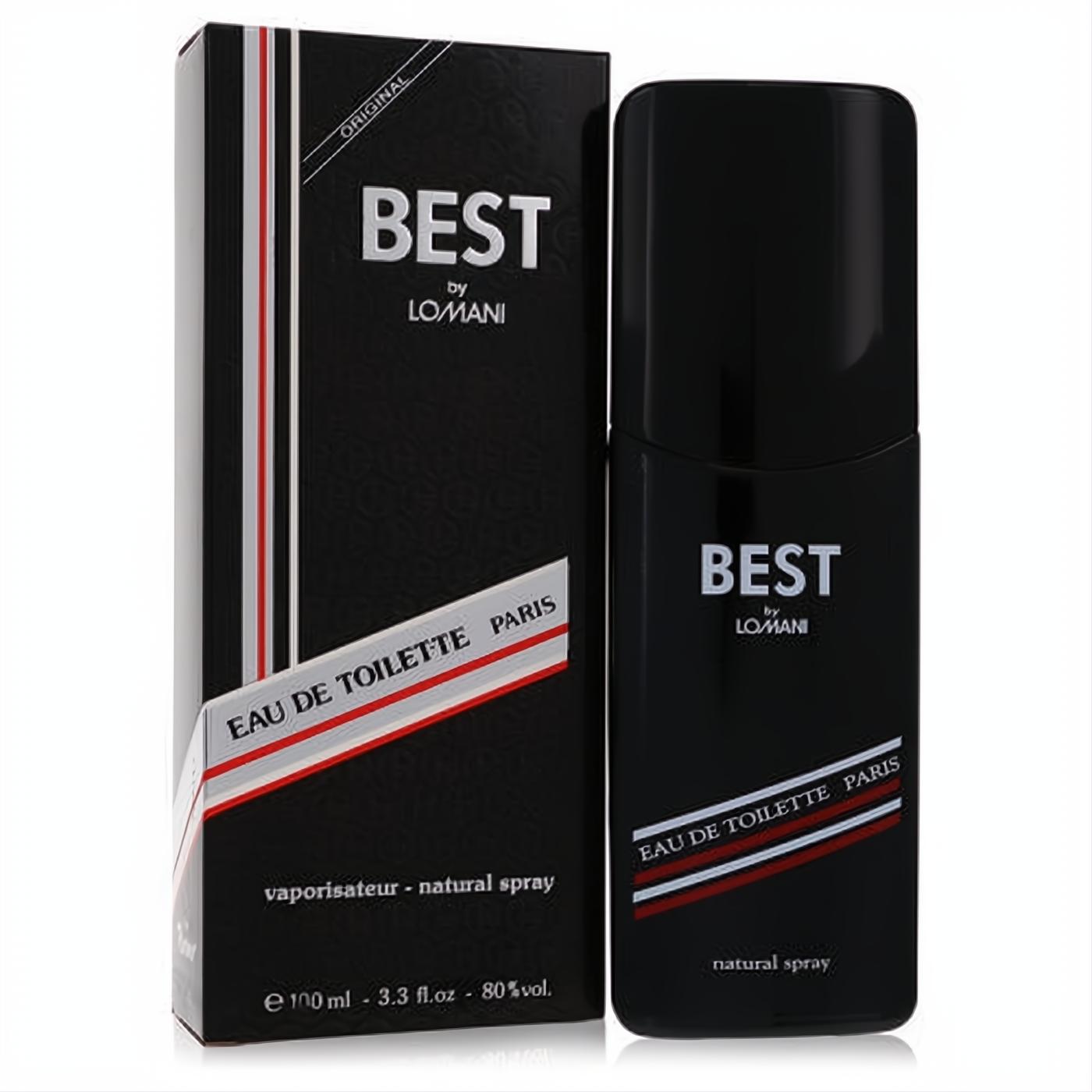 Sleek Lomani Best men's Eau De Toilette 3.3 oz spray. Black bottle with bold red and white stripes, displayed with its stylish box.