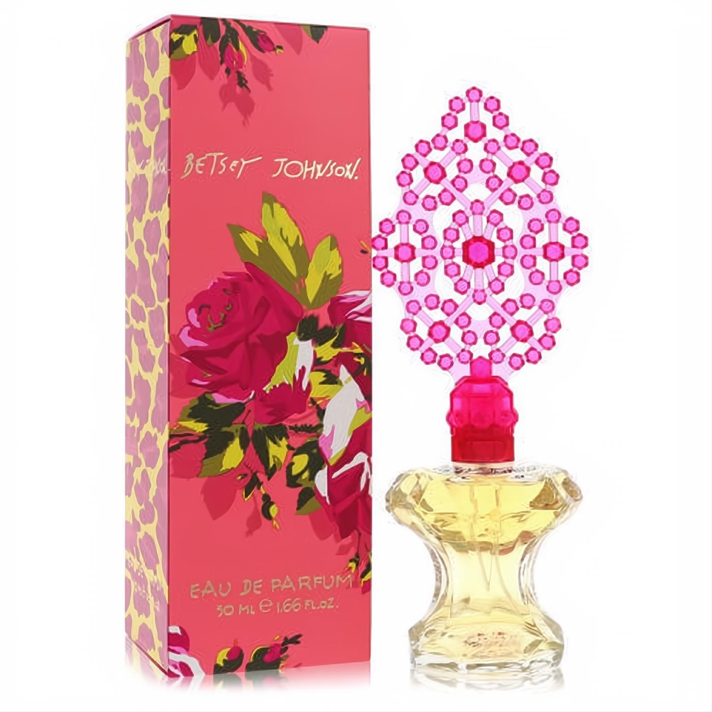 Dazzling Betsey Johnson 1.6 oz Eau De Parfum spray with unique pink jeweled cap and vibrant floral leopard print box.