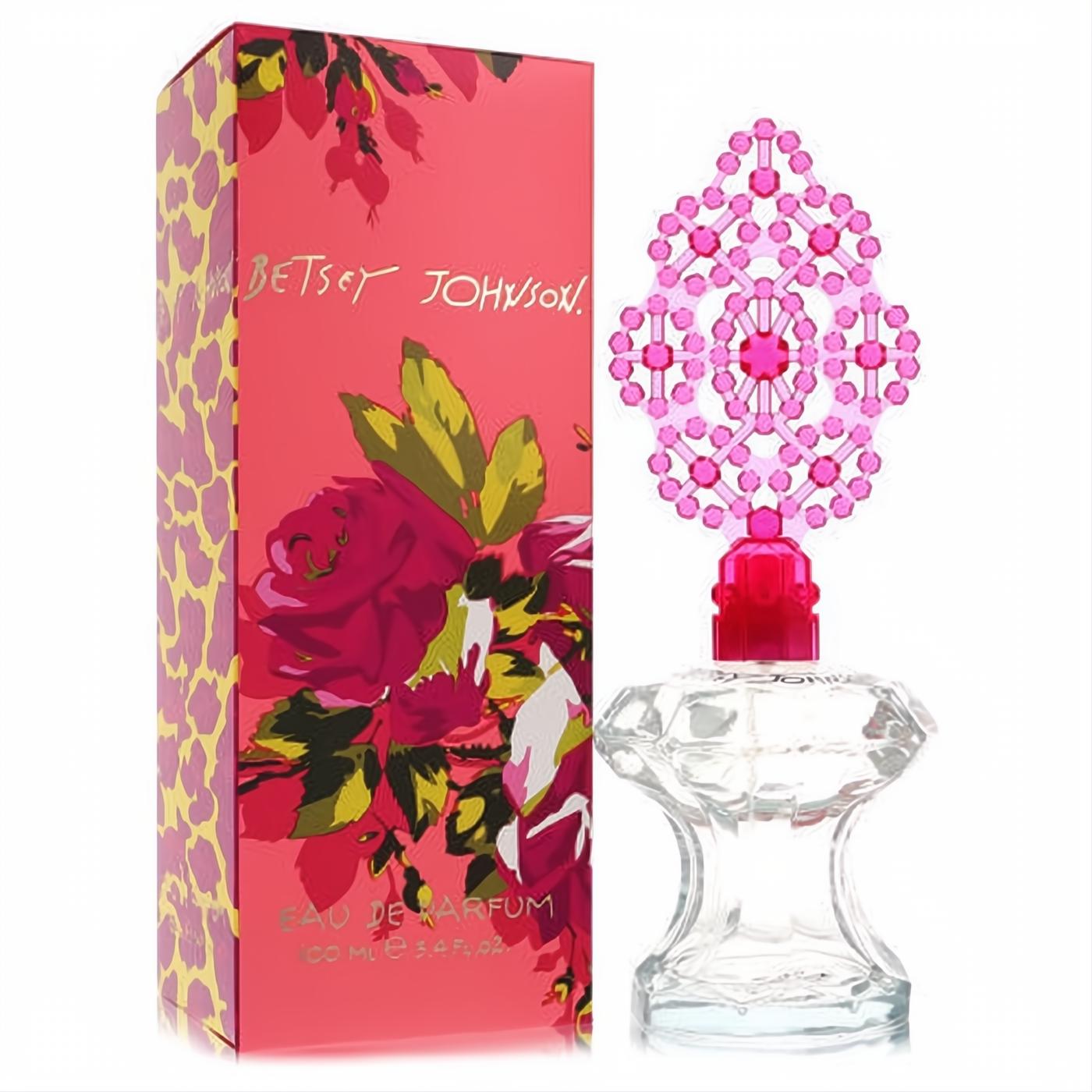 Betsey Johnson 3.4 oz Eau De Parfum spray. Clear faceted bottle, vibrant pink jewel cap, and bold floral-leopard print box.