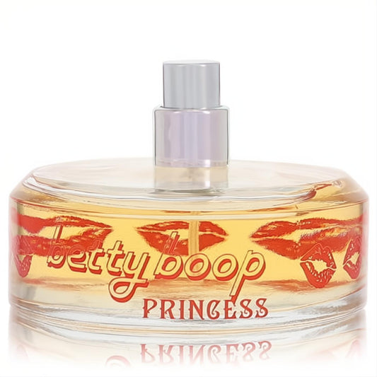 Betty Boop Princess 2.5 oz Eau De Parfum spray. Clear glass bottle with vibrant red kiss marks and logo.