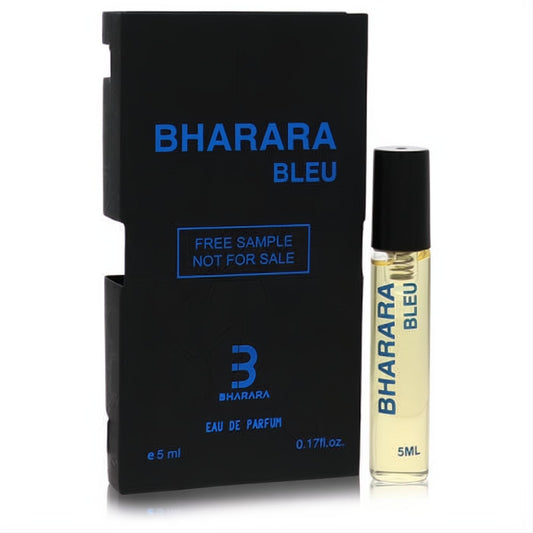 Discover Bharara Bleu 0.17 oz golden fragrance sample. Clear rollerball vial with black cap, paired with sleek black packaging.