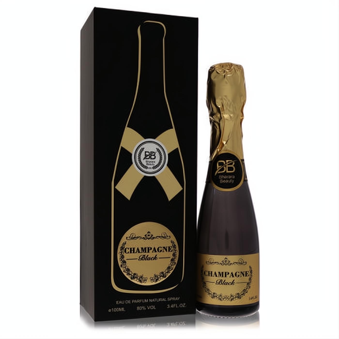 Experience Bharara Champagne Black unisex EDP, 3.4 oz. Sleek black bottle with gold foil and label, paired with a luxurious black and gold box.