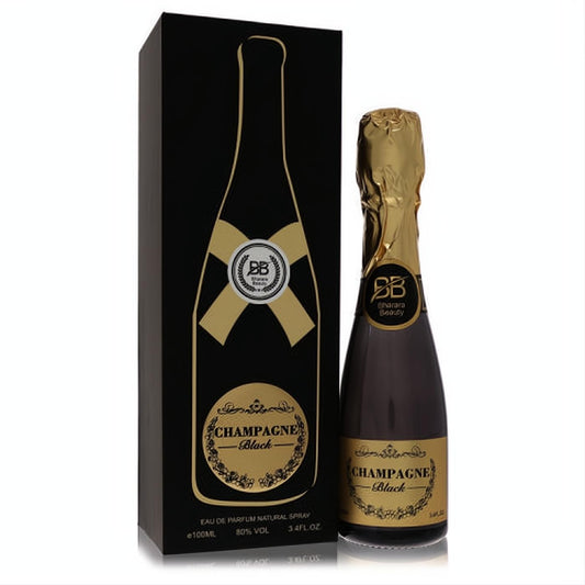 Experience Bharara Champagne Black unisex EDP, 3.4 oz. Sleek black bottle with gold foil and label, paired with a luxurious black and gold box.