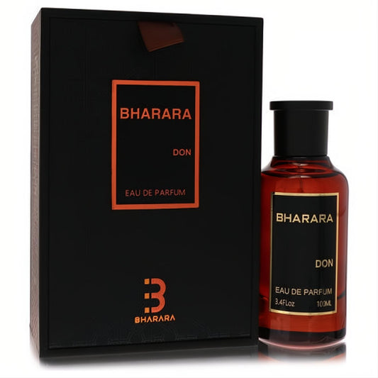 Bharara Don men's 3.4 oz Eau De Parfum. Amber bottle, black cap, and sleek black box with vibrant orange details.