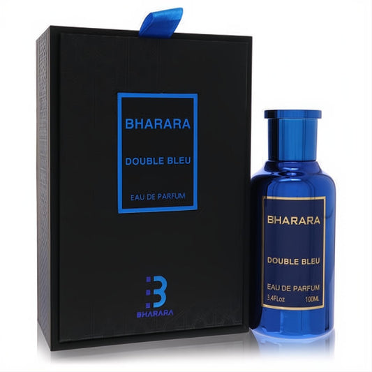 Bharara Double Bleu Eau De Parfum spray. Elegant black box with blue ribbon, next to a vibrant blue 3.4 oz bottle with gold label.