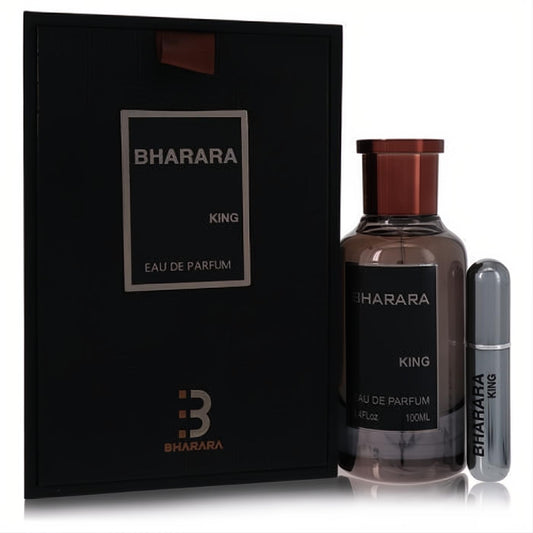 Bharara King 3.4 oz Eau De Parfum set for men: rich amber bottle, black box, and sleek silver refillable travel spray.
