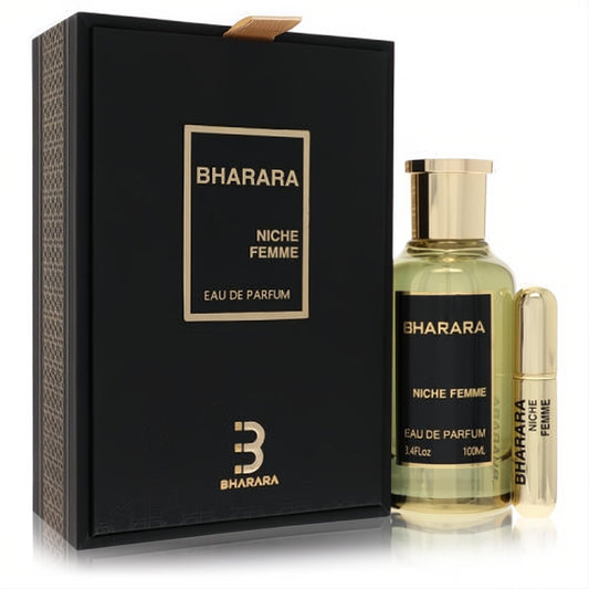 Luxurious Bharara Niche Femme 3.4 oz Eau De Parfum spray and gold refillable travel spray, presented in a sleek black gift box.
