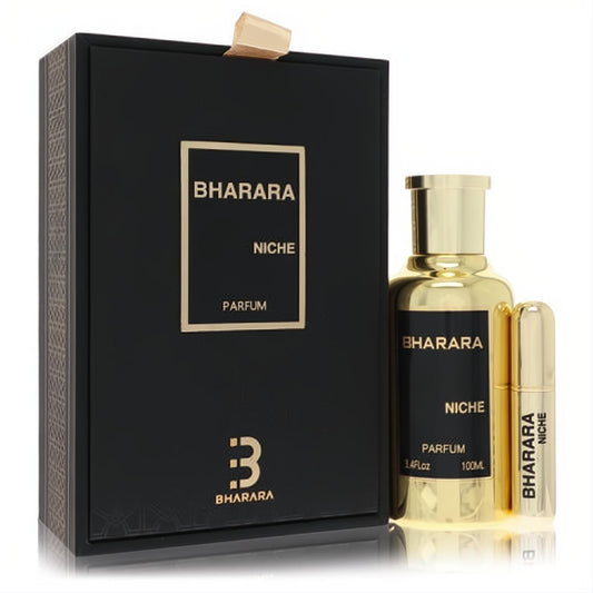 Bharara Niche 3.4 oz men's gold Eau De Parfum spray and matching refillable travel spray in a sleek black gift box.