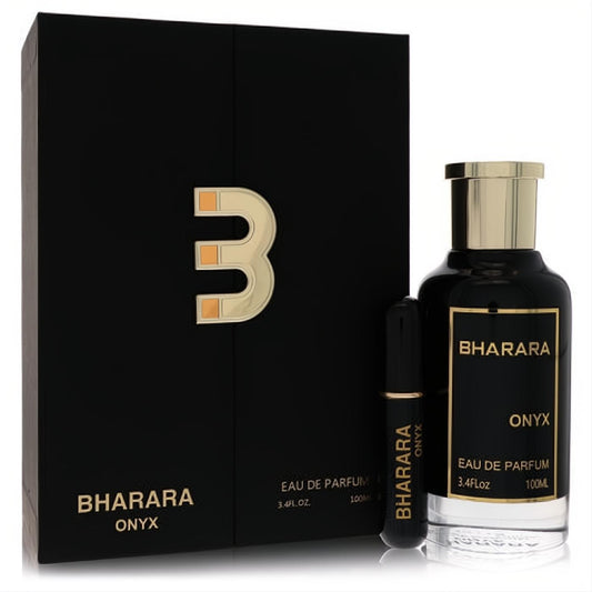 Luxurious Bharara Onyx 3.4 oz men's EDP spray set: sleek black bottle, gold cap, travel spray, and elegant black box with gold B logo.