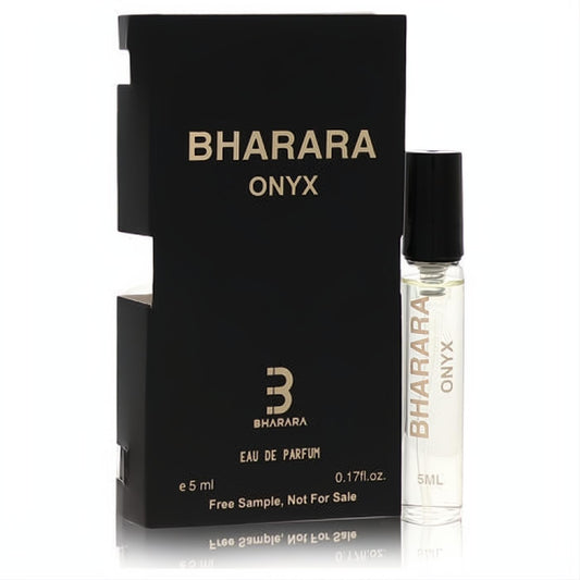 Bharara Onyx men's fragrance sample: a sleek black box and clear 0.17 oz (5ml) spray vial. Perfect for trying this captivating scent.