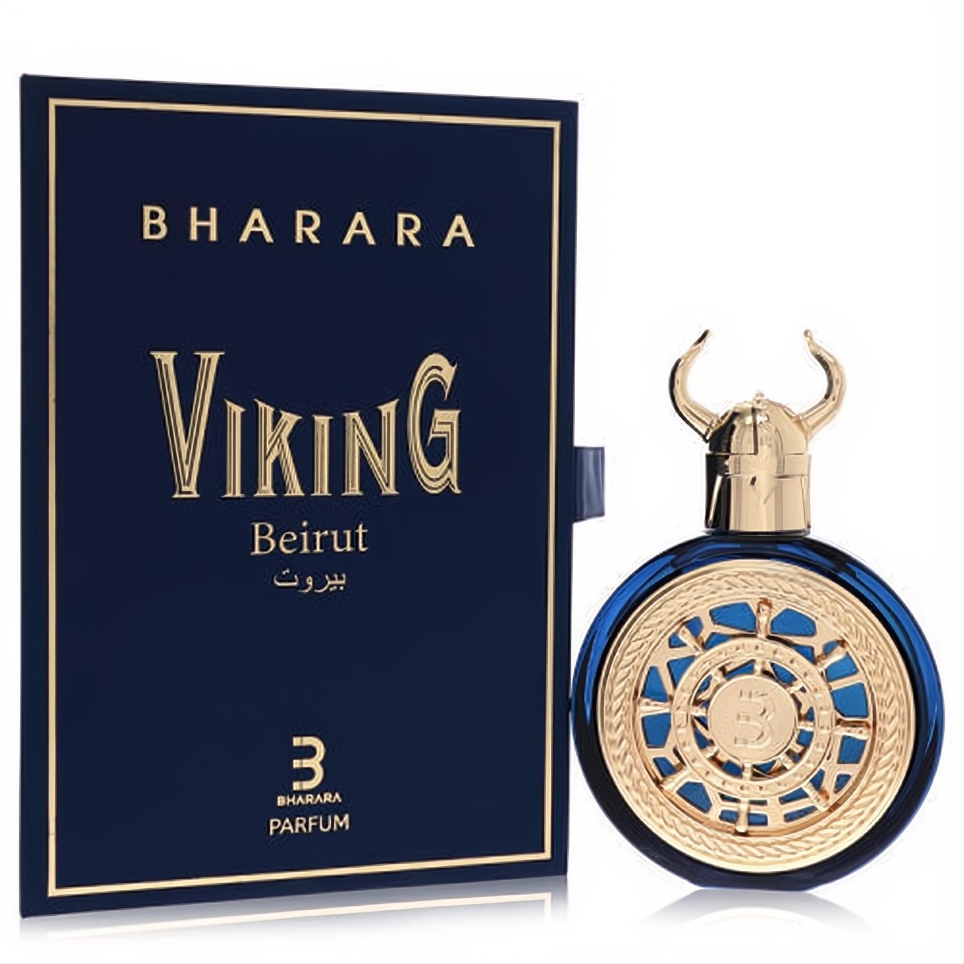 Bold Bharara Viking Beirut 3.4 oz unisex EDP. Dark blue bottle with striking gold Viking helmet cap and ornate shield design, beside its luxurious box.