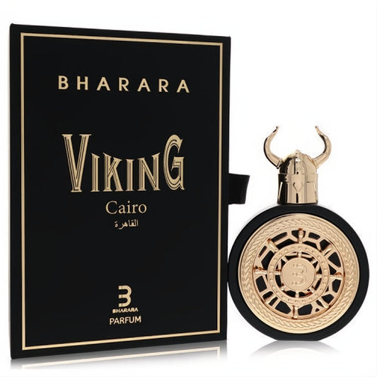 Experience Bharara Viking Cairo unisex EDP. Black bottle, unique gold Viking helmet cap, intricate design, and luxurious black/gold box.