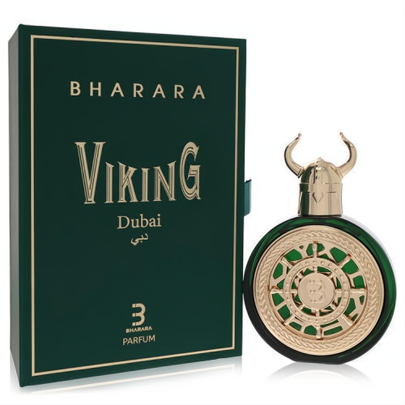 Luxurious Bharara Viking Dubai unisex Eau De Parfum. Dark green box & bottle with unique gold Viking helmet cap and emblem.