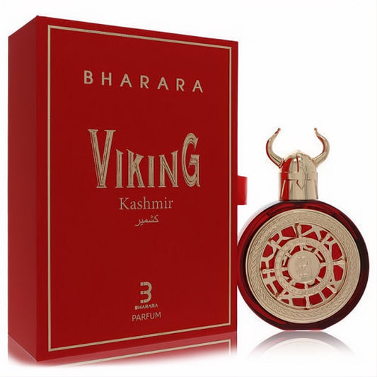 Bharara Viking Kashmir 3.4 oz men's EDP. Bold red box, round red bottle with gold Viking helmet cap and intricate shield design.