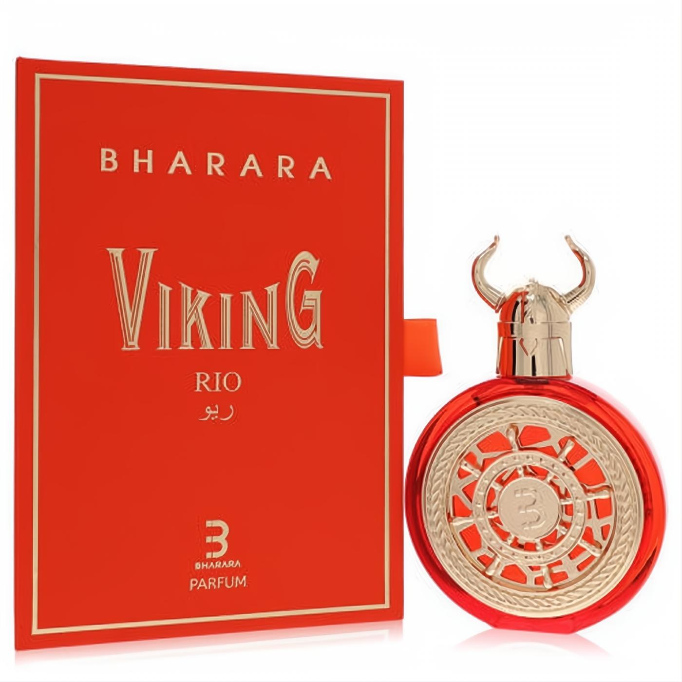 Experience Bharara Viking Rio unisex perfume: a vibrant red bottle with a striking gold Viking helmet cap and intricate design, beside its luxurious box.