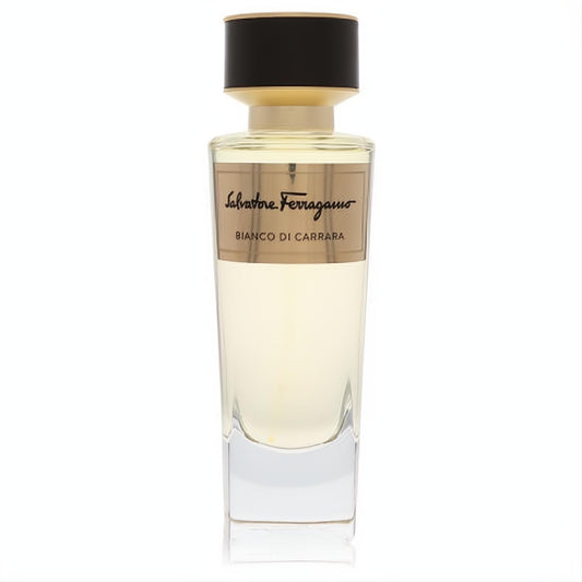 Luxurious Salvatore Ferragamo Bianco di Carrara 3.3 oz EDP tester. Elegant clear glass bottle with gold label and sleek black cap.